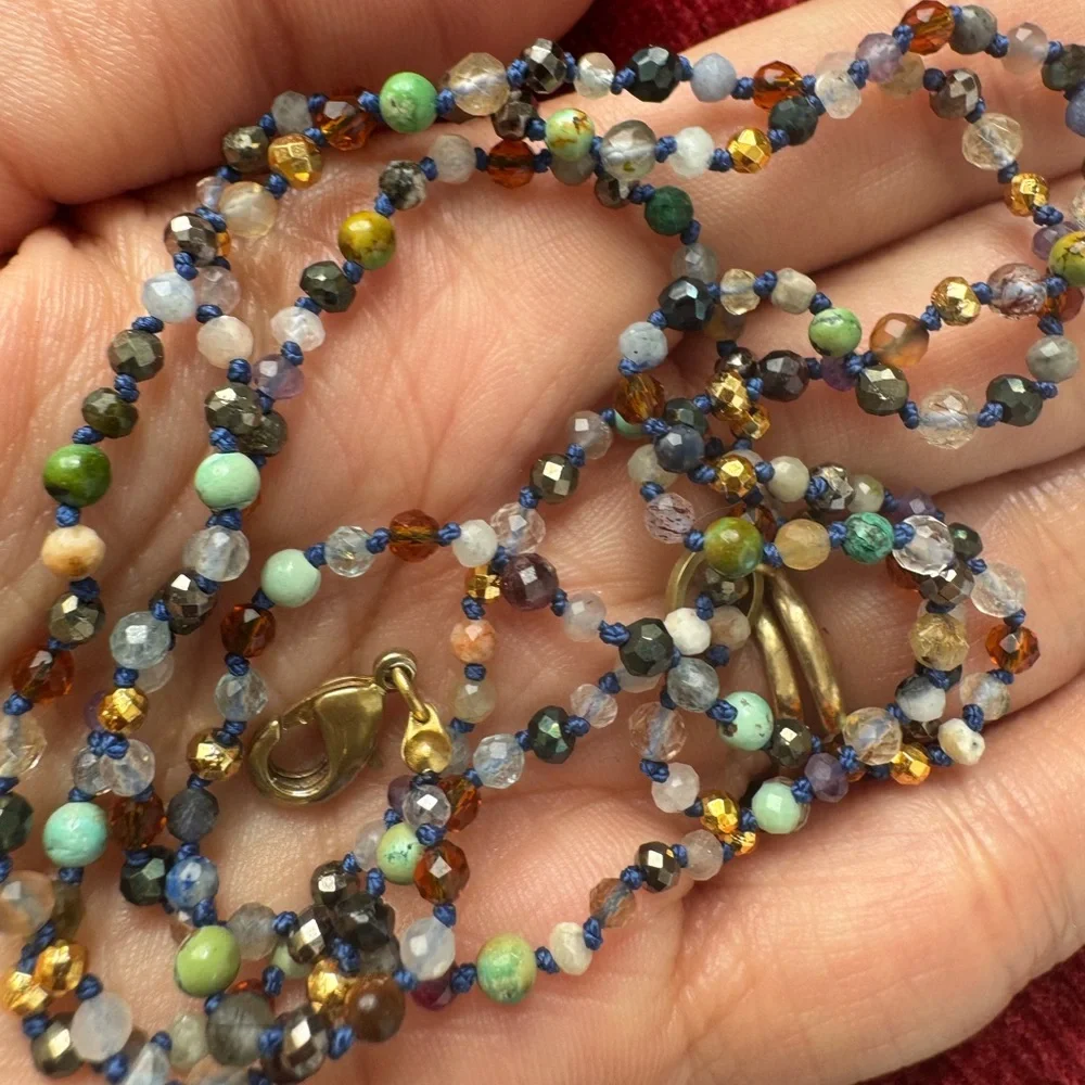 Extra long hand made hand knotted mixed gemstone necklace double layer wrap - Picture 1 of 13